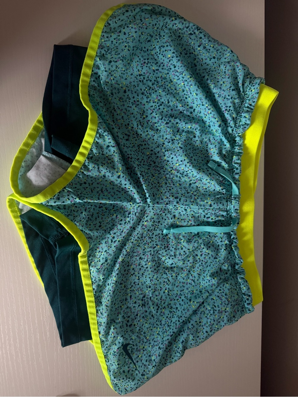 Nike Teal Floral Running Shorts with Neon Yellow Trim